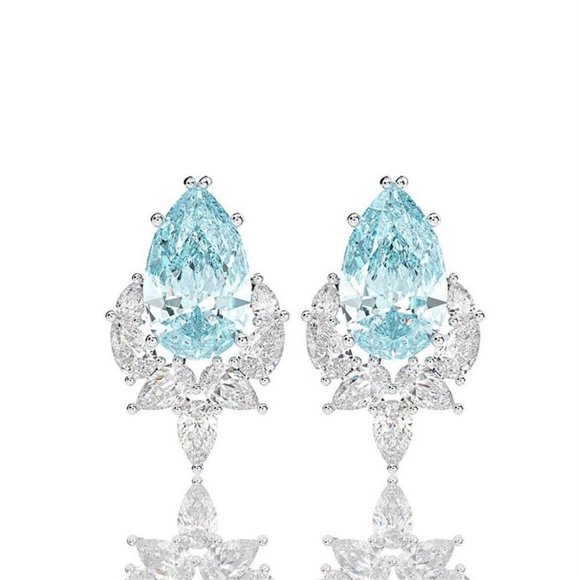 💞Elegant Teardrop Sea Blue Emerald CZ Stud Earrings, MARR9251 - Picture 2 of 2